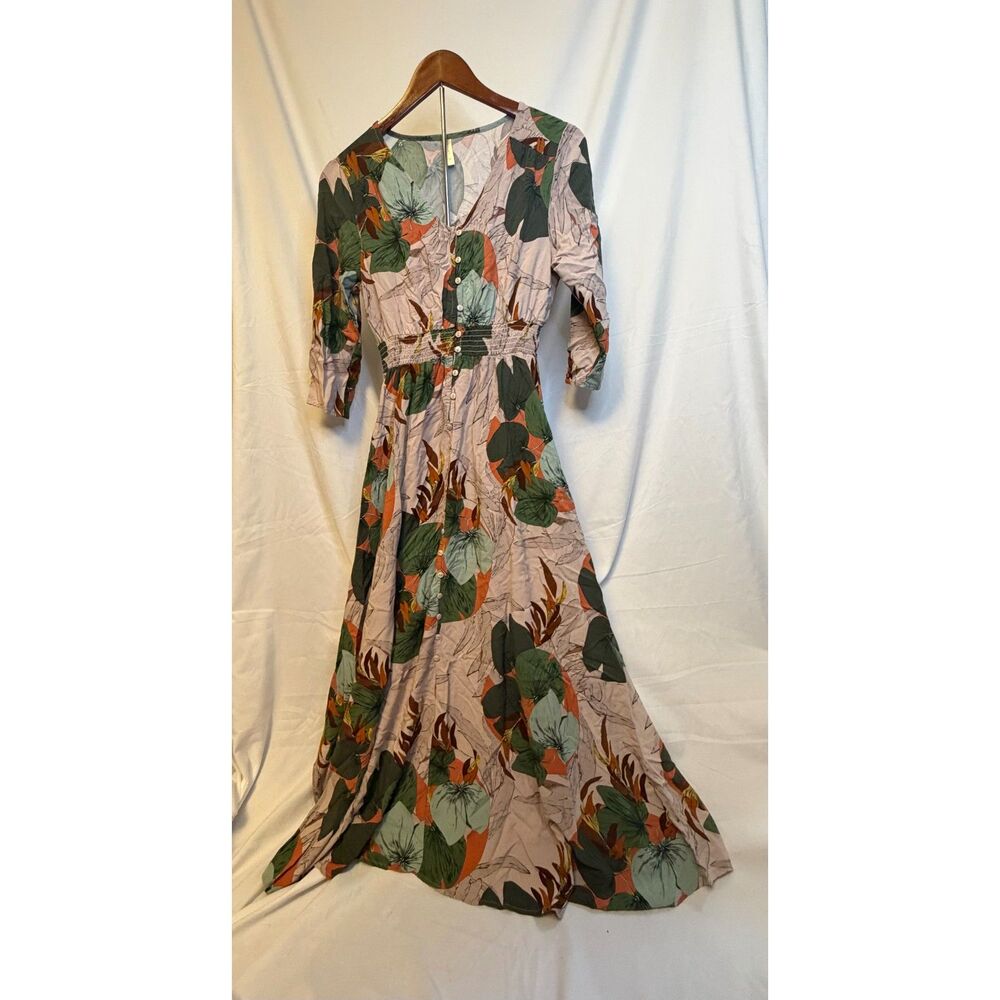 M. Nollby Tropical Leaf Print Maxi Dress Smocked Waist Size M